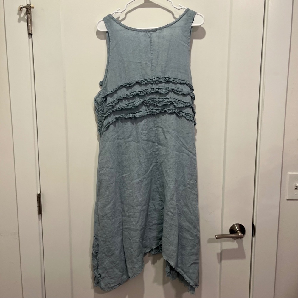 Made in Italy Linen Ruffle Midi Dress Blue Sleeveless Handkerchief Hem Large - Picture 4 of 7